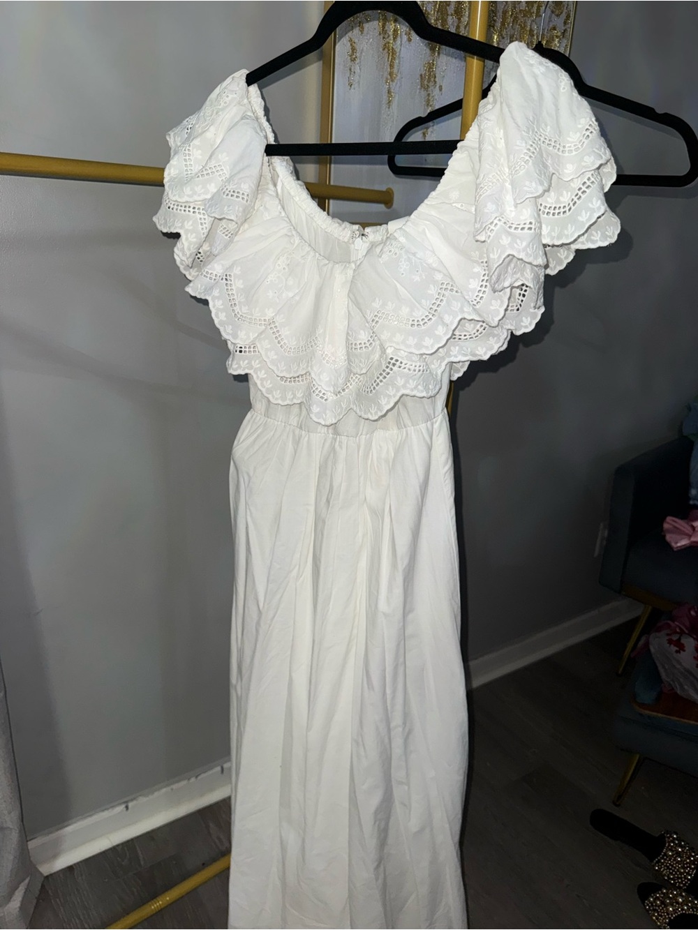 H&M White Off-Shoulder Ruffle Maxi Dress